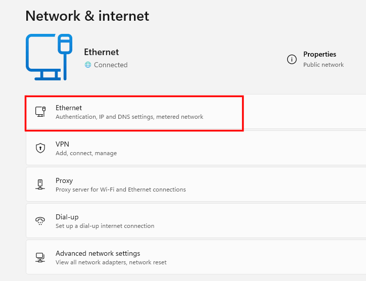 Network & internet — select Ethernet