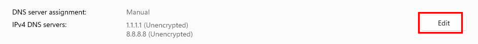 DNS server assignment — click Edit