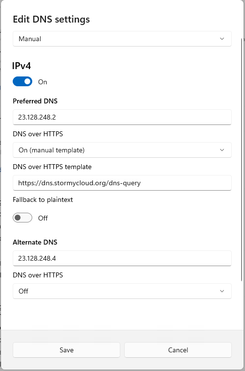Edit DNS settings — manual DoH configuration