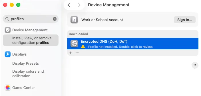 macOS Device Management — DNS profile downloaded