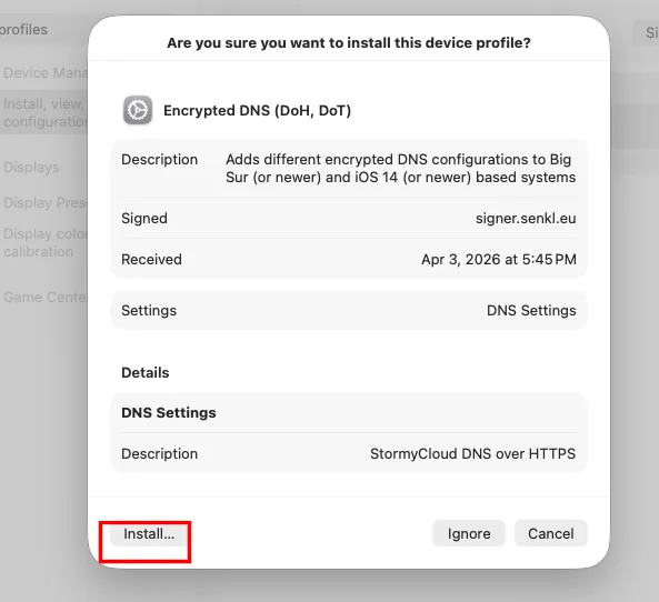 macOS — click Install on the DNS profile