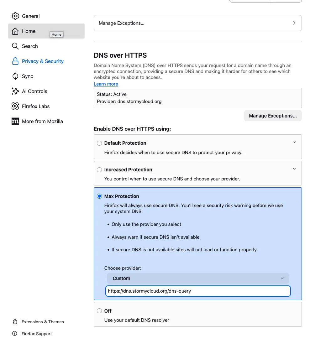 Firefox — DNS over HTTPS with Max Protection