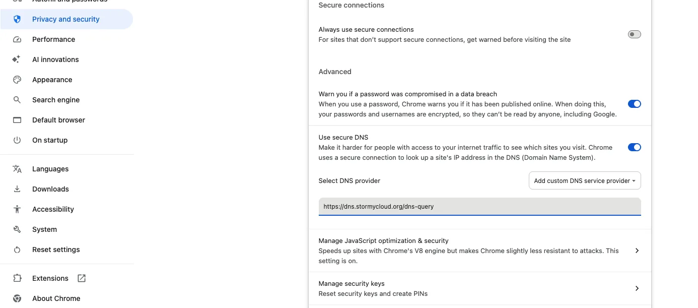 Chrome — Use secure DNS with custom provider